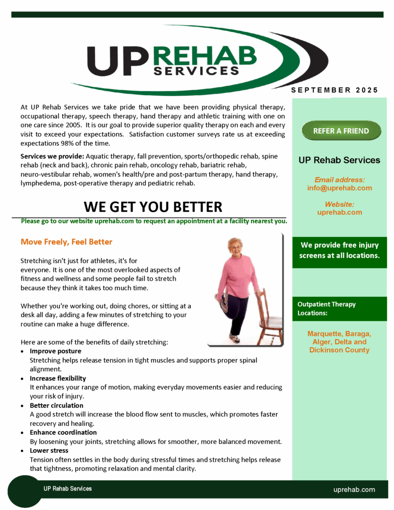 UP Rehab Newsletter 9.15.2025 stretching